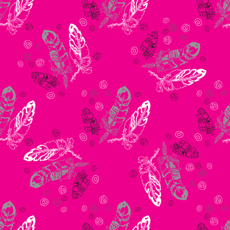 Abstract seamless pattern with feathers  on pink background. Hand drawn backdrop for wallpaper, design and decoration textile, covers, package, wrapping paper.のイラスト素材
