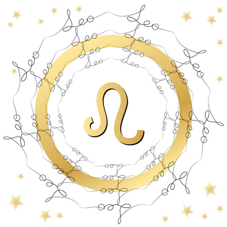 Decorative zodiac sign Leo on white background. Horoscope vintage card with words and stars.のイラスト素材