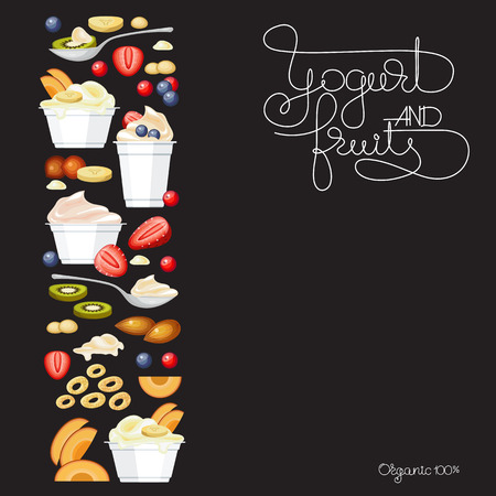 Vector illustration with yogurt, fruits, nuts, spoons and handwritten words Organic on black background.のイラスト素材