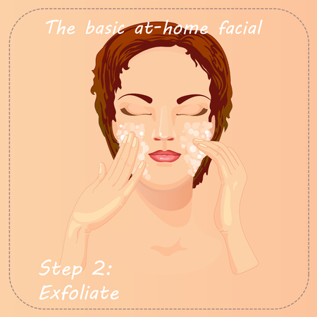 Young woman cares and protects her face with exfoliate. Beauty facial procedure vector illustration. Face care with scrub.のイラスト素材