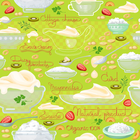 Cottage cheese, sour cream  and  handwritten words seamless pattern. Vector background.  Food image. Hand drawn illustration for your wallpaper, textile, fabric or wrapping paper.のイラスト素材