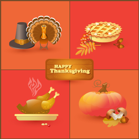 Vector set of colorful cartoon elements for Thanksgiving day.   Collection with autumn and thanksgiving food and symbols isolated on white background. Includes pumpkin, leaf, rowan, acorn, mushroom, pilgrim hat, pie, roast turkey.のイラスト素材