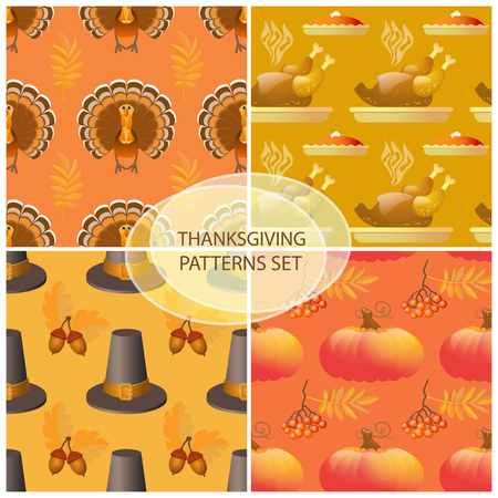 Seamless Thanksgiving day pattern with pumpkins, hats and leaves. Autumn vector background.  Decorative elements for your packaging design.のイラスト素材