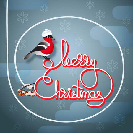 Vector illustration of bullfinch in a hat, rowan branch and handwritten words Merry Christmas.  Winter greeting card. Template for your design.のイラスト素材