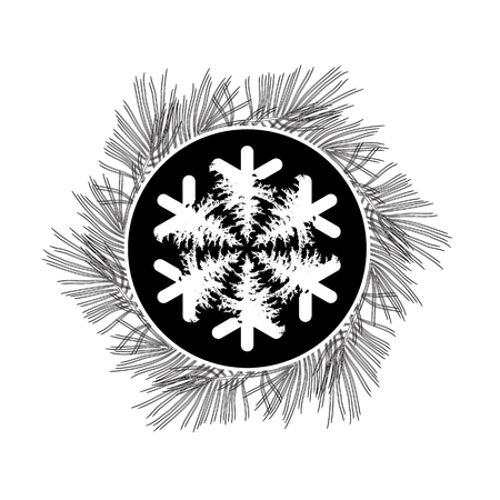 Black and white vector card with snowflake and pine branches wreath.のイラスト素材