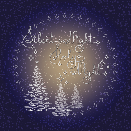 Handwritten text Silent Night Holy Night and Christmas trees on blue background. Typographic element with snow and stars. Vector illustration for seasonal christmas design.のイラスト素材