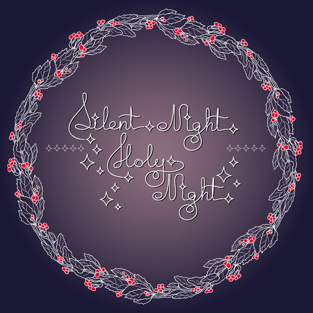 Handwritten text Silent Night Holy Night and holly wreath on blue background. Typographic element with snow and stars. Vector illustration for seasonal christmas design.のイラスト素材