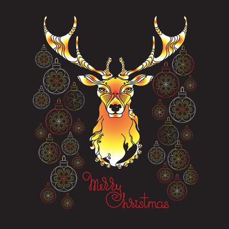 Hand drawn cute Christmas deer, Xmas symbols and handwritten words. Winter reindeer on dark background. Vector animal illustration in doodle style for greeting card, poster.のイラスト素材