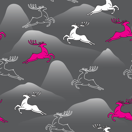 Vector seamless pattern with white and pink silhouette Christmas deer and grey hills.  Hand drawn vintage background for design and decoration textile, covers, package, wrapping paper.のイラスト素材