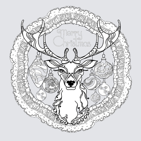 Vector hand drawn mandala with winter decorative elements, deer.  Round Christmas pattern and  handwritten words Merry Christmas isolated on grey background.のイラスト素材