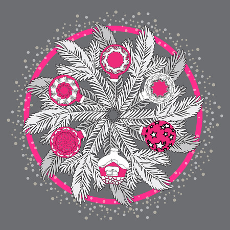 Hand drawn vector Christmas ornamental mandala with pine  branches, balls. Template for invitation or greeting card. Xmas vintage ornate wreath.のイラスト素材