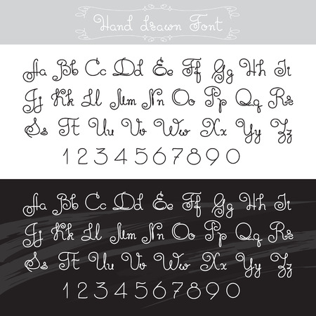 Vector hand drawn  alphabet. Lines font design. Thin letters, numbers on white and black background.のイラスト素材