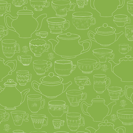 Vector seamless pattern of the doodle various teapot and teacups. Cup and pot on green background.のイラスト素材