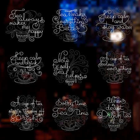 Vector card with Lettering tea typography set. Calligraphy hand written quotes about tea. White lines on a night background.のイラスト素材