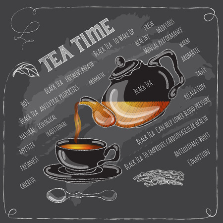 Black Tea Time card with cup, teapot, spoon and dry leaves.   Freehand drawing with imitation of chalk sketch. Hot beverage. White lines on dark background.のイラスト素材