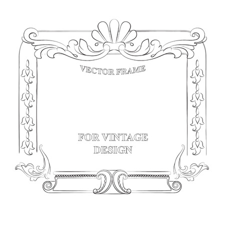 Vector frame with floral ornament on white background for vintage design. Hand drawn art. Decorative retro banner. Baroque. Antique floral illustration.のイラスト素材