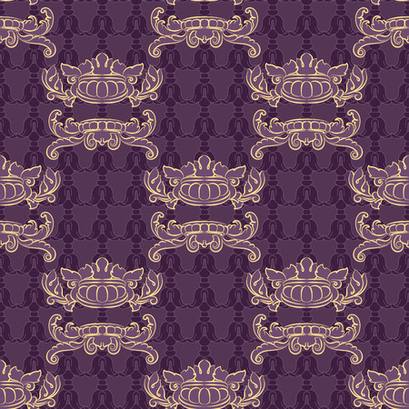 Vector seamless pattern. Vintage outline baroque scroll ornament on dark violet background. Floral retro illustration of antique style acanthus foliage swirl decorative design element.のイラスト素材
