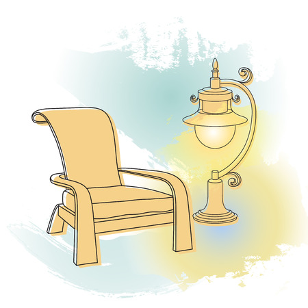 Vector drawing.  Outlines lamp and armchair.のイラスト素材