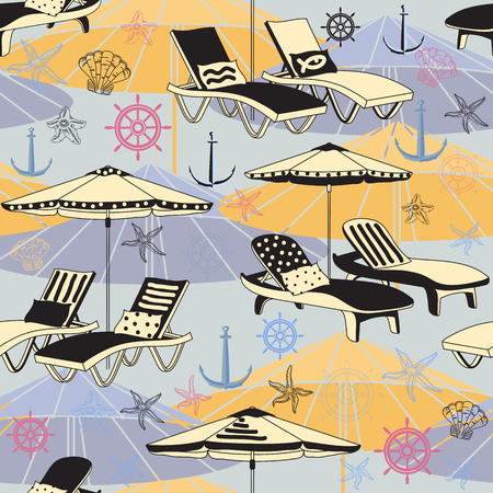 Vector summer beach seamless pattern. Lounge chair on greyのイラスト素材