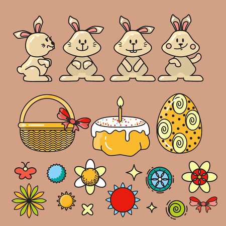 Vector illustration of set Easter icons on  beige background.のイラスト素材