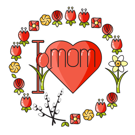 Vector Greeting card with heart, flowers  and  word Mom.のイラスト素材