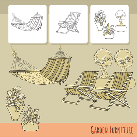 Lounge chairs, hammock and flowers in pot. Vectorのイラスト素材