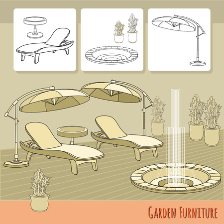 Lounge chairs, umbrella and flowers in pot.のイラスト素材