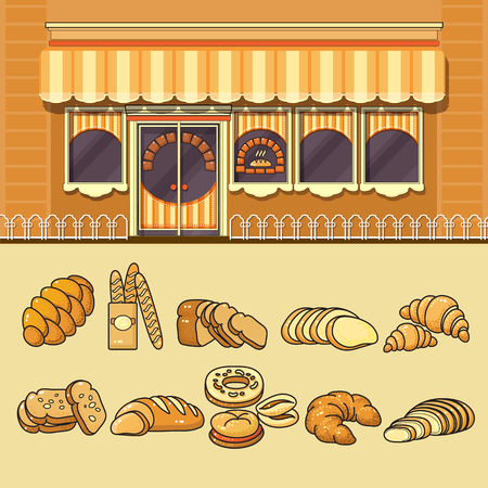 Bakery shop facade and set of colorful food icons.のイラスト素材
