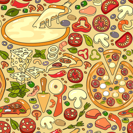Vector seamless pattern of hand drawn colorful pizza ingredientのイラスト素材