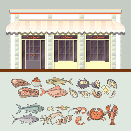 Vector shop and set of cute various seafood icons.のイラスト素材