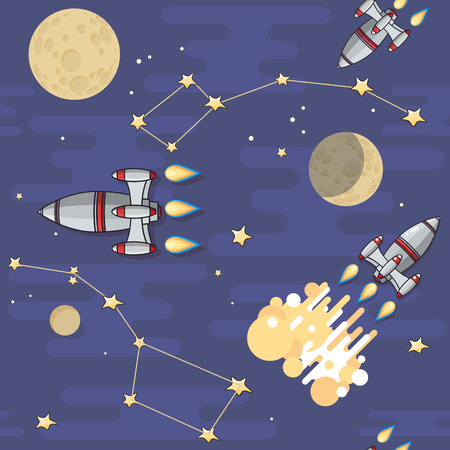 Vector seamless pattern. Cartoon Space rocket, star, planet