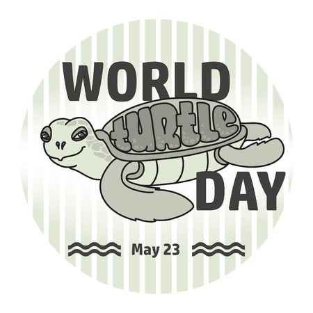 World Turtle Day card.  Handwritten word, cute cartoon sea Turtle on light grey striped background. Vector illustration.のイラスト素材