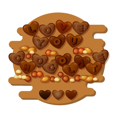 Love You Chocolate card with hearts, letters and nuts. Vector illustration.のイラスト素材