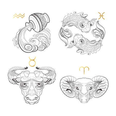 Zodiac Sign. Aquarius Pisces Taurus Aries.のイラスト素材
