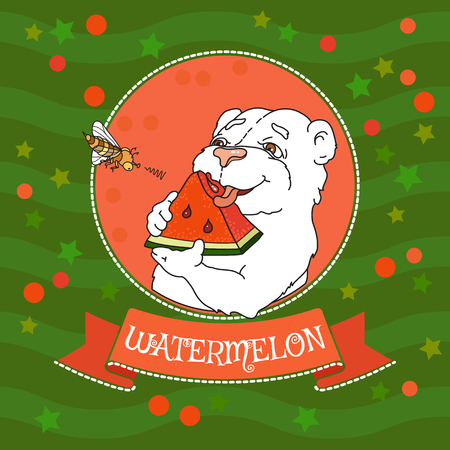 Cute bear eating a slice of watermelon. Vector illustration.のイラスト素材