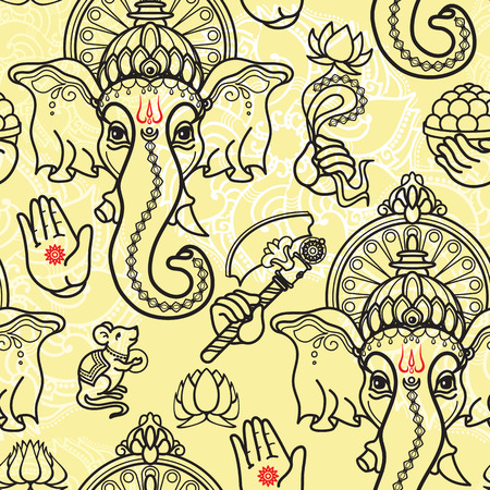 Vector seamless pattern of hand drawn line art Ganesha.のイラスト素材