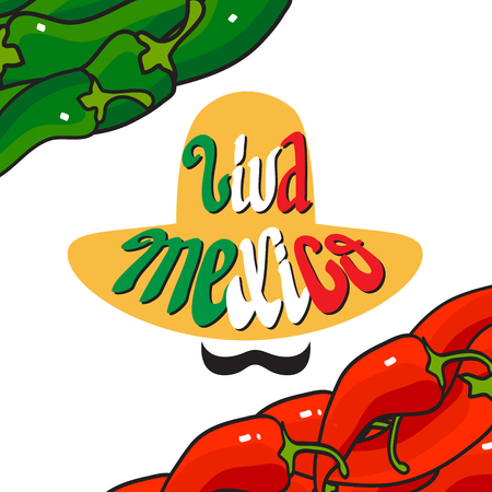 Handwritten words Viva Mexico. Cartoon Sombrero, peppers.のイラスト素材