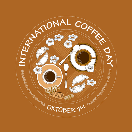 International coffee day card. Cookies, croissant, coffee cup.のイラスト素材