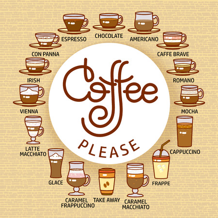 Coffee Please card. Set of cute various beverage icons.のイラスト素材