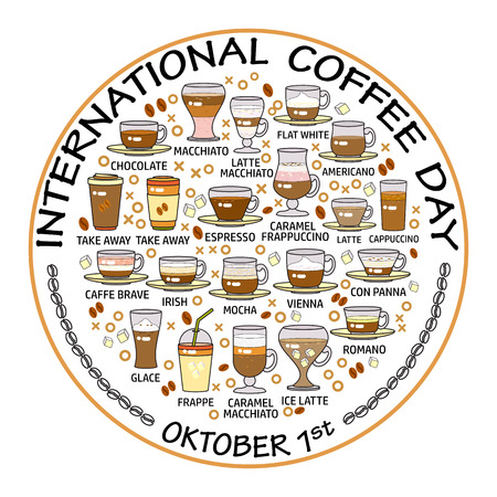 International coffee day card. Set of beverage icons.のイラスト素材