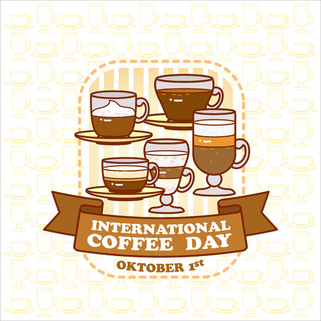 International coffee day card. Cute various beverage icons.のイラスト素材