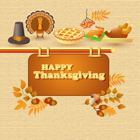 Happy Thanksgiving card. Autumn and thanksgiving food and symbolのイラスト素材