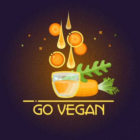 Go Vegan card. Cartoon style carrot, drops, glass.のイラスト素材