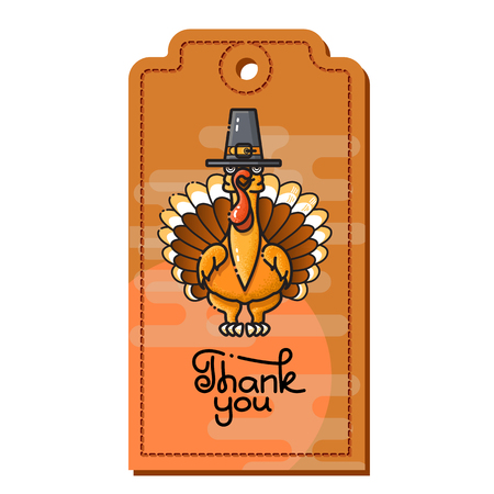 Thank You. Cartoon Turkey in pilgrim hat.のイラスト素材