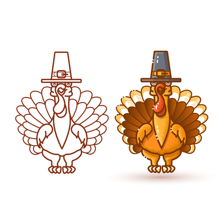 Cartoon Turkeys in pilgrim hat. Thanksgiving vector illustrationのイラスト素材