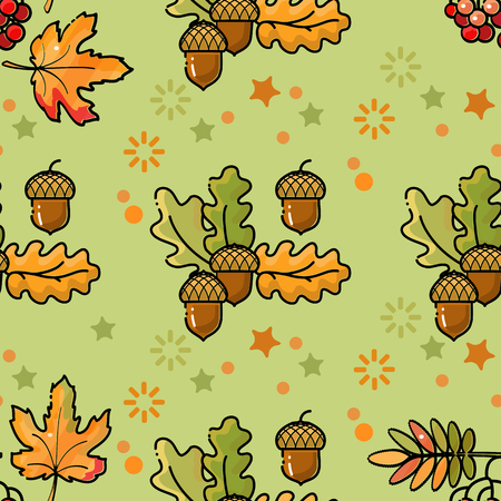 Seamless pattern of autumn elements on green background.のイラスト素材