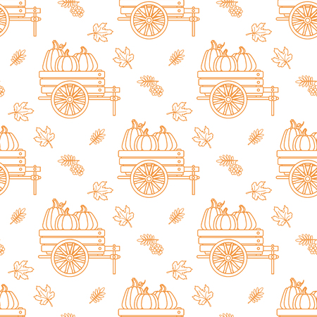 Seamless pattern with pumpkin, cart, and leaves.のイラスト素材
