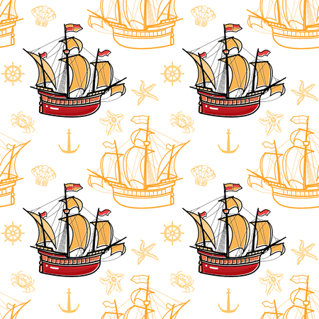 Seamless marine pattern with sailing ships. Vector nautical illuのイラスト素材