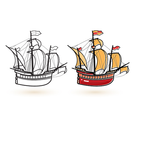 Sailing ship icons. Linear and colorful ship icon.のイラスト素材