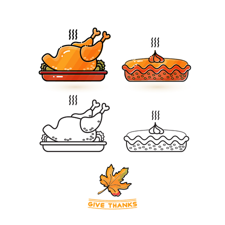 Cute turkey and pie. Thanksgiving icons set.のイラスト素材